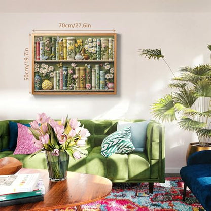 Spring Floral Bookshelf Puzzles for Adults 1000 Pieces, Challenging Bunny Garden Library with Flower and Butterfly, Vintage Botanical Book Spine Aesthetic Art Jigsaw Puzzle