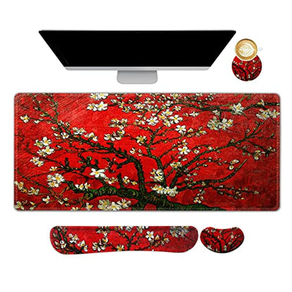 ARTSO Large Gaming Mouse Pad, Keyboard Wrist Rest Pad & Wrist Support Mousepad Set, Stitched Edge, Extended, Non-Slip Base, Memory Foam Desk Mat 4pcs for Office & Home, Red Van Gogh Painting - color: Red Van Gogh Painting