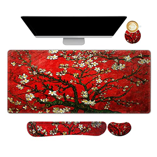 ARTSO Large Gaming Mouse Pad, Keyboard Wrist Rest Pad & Wrist Support Mousepad Set, Stitched Edge, Extended, Non-Slip Base, Memory Foam Desk Mat 4pcs for Office & Home, Red Van Gogh Painting - color: Red Van Gogh Painting