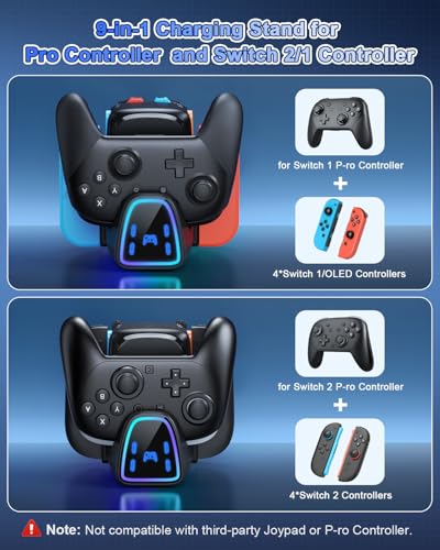 9 In 1 Controller Charging Dock for Nintendo Switch 2/Switch 1/OLED Controller, Fast Charger Station for Joy Con 2&1 and Pro Controller 2&1, Charger Accessories with RGB Light