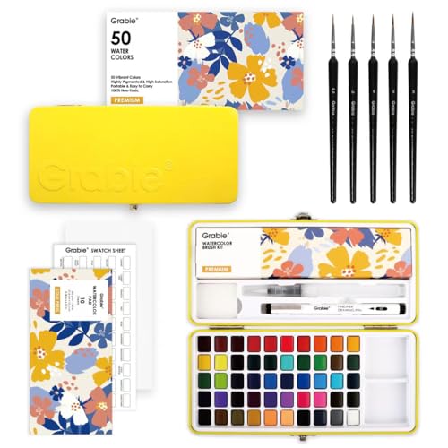 Grabie 50 Colors Premium All-In-One Water Color Paint Set - Detail Paint Brush Included, Watercolor Paints, Painting Sets, Art Supplies, Portable & Travel Watercolor Set, Amateur Hobbyists, Set of 50 - color: 50 Colors（Premium）