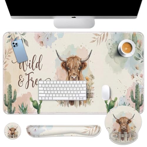 Arttown Keyboard Mouse Pad Set, 4 in 1 Desk Mat Set Cow Boho | Cactus Western Bohemian Large Mousepad+Keyboard Wrist Rest+Mouse Wrist Rest+Coaster Ergonomic Design for Home Office Computer - color: Cactus Cow