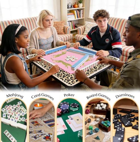 Hot Pink Cute Leopard Mahjong Mat 31.5 x 31.5 Inch, Preppy Pink Y2K Cheetah Non-Slip Noise Reduction Mahjong Table Mat for American Mah Jong Poker Card Board Games Dominoes - color: Pink Leopard