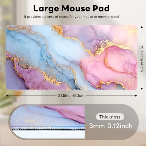 Large Gaming Mouse Pad, XL Desk Protector, Non-Slip Base | 31.5x15.7 in Extended Desk Mat with Stitched Edges for Keyboard, Work, Game, Office, Home PC and Laptop - color: Pink Marble