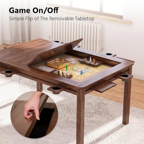 Board Game Table with Removable Table Top, 54” x 31” Play Area, Gaming and Dining Table with EVA Play Mat, Detachable Cup Holders and Trays for 6 Players, for Card, DND and Poker, Walnut - size: REC Table