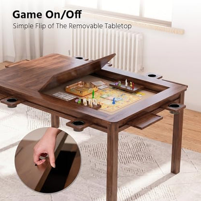 Board Game Table with Removable Table Top, 54” x 31” Play Area, Gaming and Dining Table with EVA Play Mat, Detachable Cup Holders and Trays for 6 Players, for Card, DND and Poker, Walnut - size: REC Table