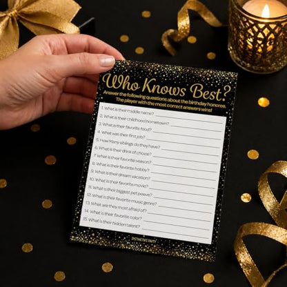 Black and Gold 60th Birthday Games Set, Born in the 1960s, 20 Guests | 5" x 7" Dual-Sided Cards, Who Knows Best, Older or Younger, and 1960s Trivia Games, Answer Keys Included