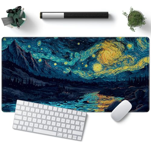Misty Forest Desk Pad Mat Vincent Van Gogh XL Mouse Pad Gaming Playmat Large Mousepad XXL Desk Laptop Pad Equipped with Waterproof Storage Bag Non-Slip Stitched Edges (31.5x15.7 in) - color: D-blue Enchantress