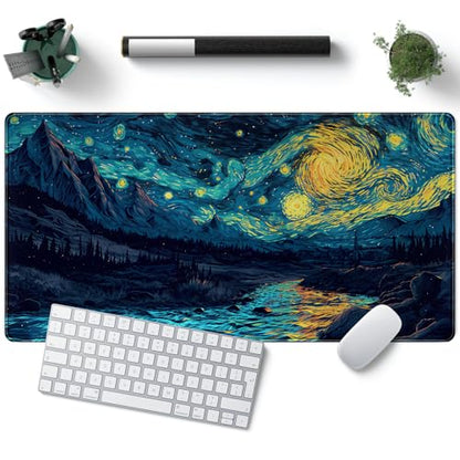 Misty Forest Desk Pad Mat Vincent Van Gogh XL Mouse Pad Gaming Playmat Large Mousepad XXL Desk Laptop Pad Equipped with Waterproof Storage Bag Non-Slip Stitched Edges (31.5x15.7 in) - color: D-blue Enchantress