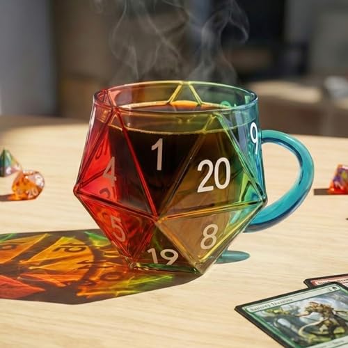 Rainbow Glass D20 Dice Mug – 12oz Iridescent Polyhedral Cup for Tabletop RPG Gaming – Unique D&D Gifts for Men, Game Masters– Novelty Coffee Dice Cup - style: Game