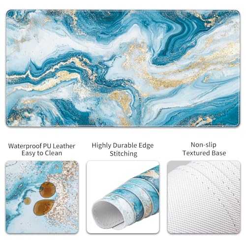 QIYI PU Leather Desk Mat Set, 4-in-1 Ergonomic Wrist Rest, Blue Fluid Art | Waterproof Large Mouse Pad 31.5×15.7 + Keyboard Wrist Rest + Mouse Wrist Support+Coaster, Non-Slip Office Gaming Accessories - color: Blue Fluid Art