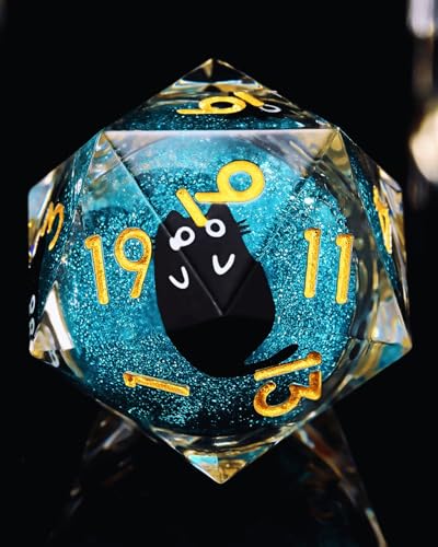 Froggod 싱글 리퀴드 코어 캣 D20 주사위 - DND, RPG, 테이블 탑 게임용 22mm 샤프 엣지 롤 플레잉 주사위 - 20면 레진 D&D 주사위, 캐스헤드 각인(블루) - color: 블루.