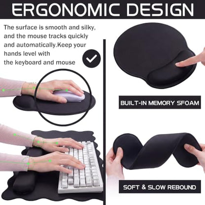 Sabary Scalloped Desk Mat Keyboard Mouse Pad Set 31.5 x 15.7 Inch Black Cute Aesthetic Preppy Table Mat Keyboard Wrist Rest Mouse Pad with Wrist Rest Coaster Ergonomic Non-Slip Waterproof Gaming Desk - color: Black, size: 31.5 x 15.7 Inch