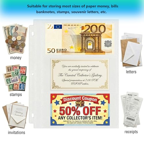 50 Pack （7.6x3.6inch ） 3 Pockets Currency Sleeves for 3 Ring Binder | Currency Collection Sleeves, Cash Collecting Album Refill Page, for Collecting Dollar Bills, Paper Money,and Coupons - size: 7.6x3.6inch-3pocket, style: 50 pack