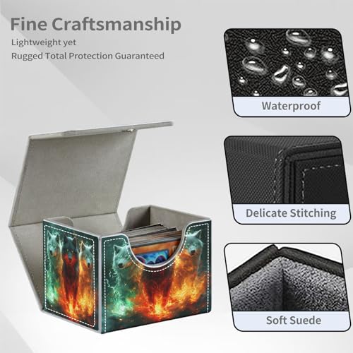 Wolf Fire Magic for MTG Deck Box, 100+ Double Sleeved Card Storage Case, PU Leather Commander Deck Case for TCG Magic Yugioh, Magnetic Closure - color: Wolf Fire Magic