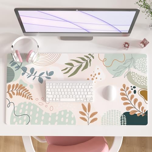 Faux Leather Large Mouse Pad, Office Desk Mat, 31.5"x15.7", Botanical | Desk Décor Accessories, Extended Size, Waterproof & Easy to Clean, Smooth Surface, Non Slip Desk Organization - color: Abstract Leaves, size: 31.5L x 15.7W inches