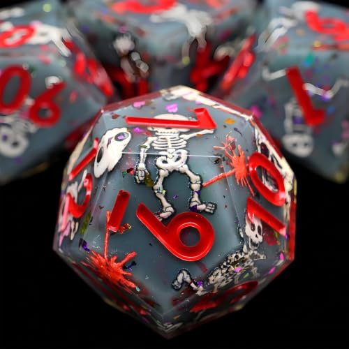 XENOLUX Polyhedral Dice Set for Dungeons and Dragons - Spooky Cute 3D Dancing Skeleton Resin DND Dice Set with Tin Box, Sharp Edge RPG Dice for Tabletop Board Games (L19) - color: L19