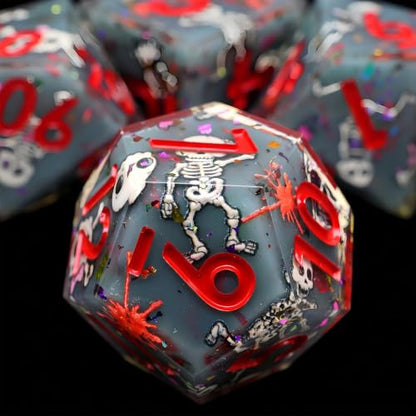 XENOLUX Polyhedral Dice Set for Dungeons and Dragons - Spooky Cute 3D Dancing Skeleton Resin DND Dice Set with Tin Box, Sharp Edge RPG Dice for Tabletop Board Games (L19) - color: L19