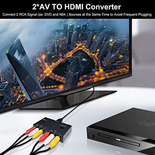 2 AV to HDMI, 1080P/720P TV 2 Way RCA Composite CVBS AV Switch to HDMI Video Audio Converter Adapter Support 4:3/16:9 Switching, for Sega Xbox PS2 PS3 N64 NGC SNES WII VHS VCR Camera DVD - style: 2 RCA Converter