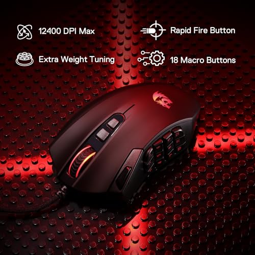 Redragon M921 Wired RGB MMO Gaming Mouse 12400 DPI Remapping Keys | Stable Lag-Free Connection, Smooth Precise Tracking, Custom Macro Keybinds, Vibing Backlight, Ergonomic Grip Body Comfort