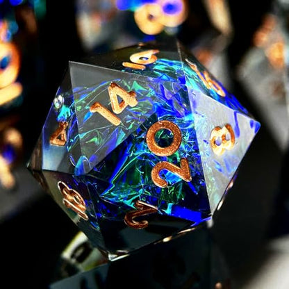 HAOMEJA 7pcs Sharp Edge Resin Dice Set, Handmade Polyhedral Dice with Glitter & Galaxy Effect Apply to DND, D&D, RPG, MTG Games, Role Playing Game, Easter, Halloween Party Gift (Black & Gold Word) - color: T Black & Gold Word