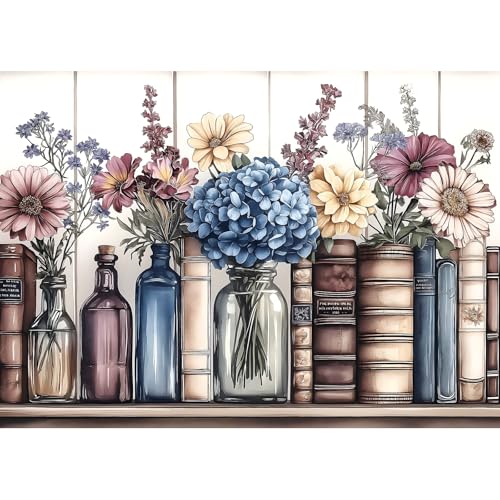 Vintage Books Flowers 1000 Piece Jigsaw Puzzle for Adults - Challenging Floral and Book Lover Puzzle with Glass Bottles, Hydrangea - Premium 27.6"x19.7" Puzzle for Game Night, Gifts, and Framing Art - color: Vintage Books Flowers, size: (27"X19")
