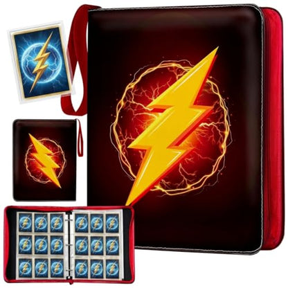 Trading Card Binder 9 Pocket – 900 Card Capacity, Zipper & Handle, PU Leather Album, 3-Ring Binder with 50 Sleeves for TCG Cards, Fits Stanrd Card size Custom Thunderbolth Design. - color: Black and Red, size: Large