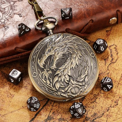 Mini DND Dice Set with Steampunk Dragon Large Pocket Watch Shell Case, 7-Piece Polyhedral Acrylic D&D Dice, DND Gift Bag with Dragon Logo, Role Play Board Game Accessories, Bronze + Brown - color: Bronze + Brown