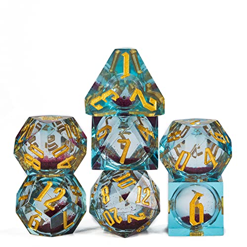 Cusdie Handmade DND Dice, Liquid Core Dice Set D&D Quicksand Sharp Dice, 7 PCs Transparent Polyhedral Dice Set for RPG Other Table Games(Purple and Orange) - color: Blue W/ Purple Quicksand