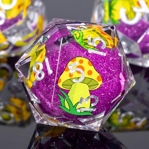 OUKELANWO Liquid Core Mushroom DND Dice Set D&D, 7Pcs Resin Sharp Edge Dice with Gift Box, Dungeons Dragons D and D Role Playing Gaming Dice D20 D12 D10 D8 D6 D4, Purple and Yellow - color: Purple and Yellow
