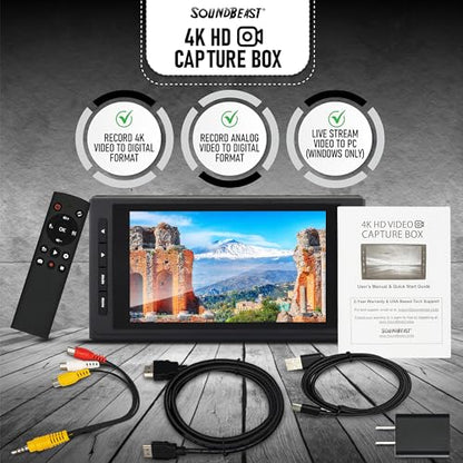 SoundBeast 4K HD Video Capture Box - Capture or Live Stream Video (with Audio) from HDMI [Content-Protected Sources Not Supported], AV, VHS, VCR, DVD, Camcorders, Hi8, MiniDV - 5" LCD & Speaker