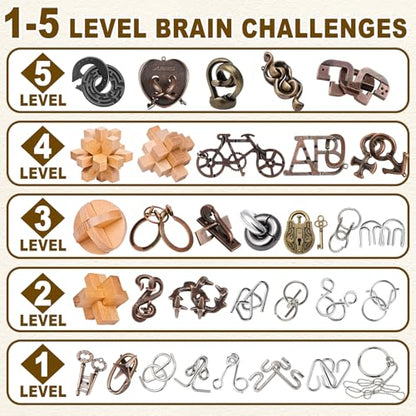 32 Pcs Brain Teaser Puzzles Set for Adults Kids – Wooden & Metal 3D IQ Game, Challenging Disentanglement Logic Puzzles, Family Party Favor Portable Travel Pouch Set - style: 32PCS Metal+Wood Puzzles