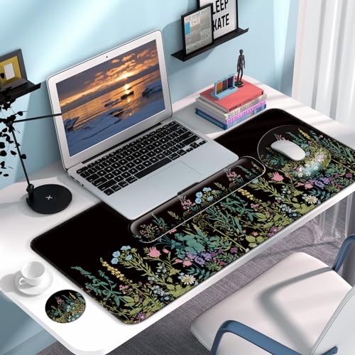 Desk Mat Set Keyboard and Mouse Pad with Wrist Rest Support | Ergonomic,Pain Relief, 4-in-1 Large Big Mousepad Computer Mats,Desk Pad Matt Mats for Desktop Home & Office - color: L2-Flowers Garden