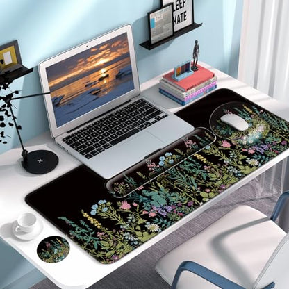 Desk Mat Set Keyboard and Mouse Pad with Wrist Rest Support | Ergonomic,Pain Relief, 4-in-1 Large Big Mousepad Computer Mats,Desk Pad Matt Mats for Desktop Home & Office - color: L2-Flowers Garden