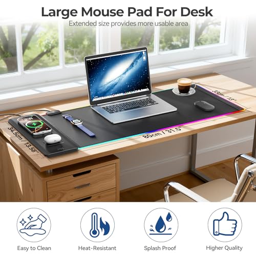 KDD RGB Mouse Pad with Wireless Charging - Desk Mat with Phone Holder and 15W Fast Charger - Gaming Mousepad with Ultra-Smooth Surface, Non-Slip Base - Keyboard Mat for Home Office Gamer Accessories