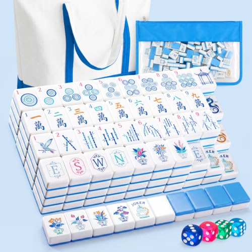 Soulchen 1.2 Inch Blue Houseplant American Mahjong Set, 168 Pcs Tiles | Engraved, Tote Bag Dice Carry Pouch, Complete American Mahjong Set, Game Night Travel Vacation Collection Gift - color: Blue, size: 1.2 Inch