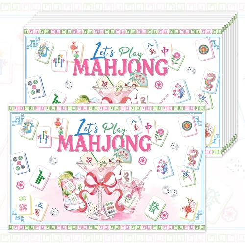 24 Pack Mahjong Placemats, 17x11 Inch Disposable Table Mats for Game Nights | Pink Mahjong Design with Tiles, Dice, Cocktail, Flowers, Blue Border for Birthday, Bridal Shower, Game Party, Table Decor Set