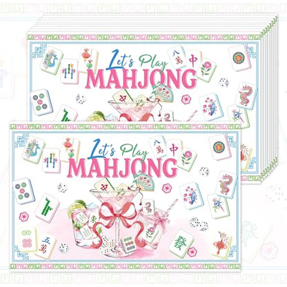 24 Pack Mahjong Placemats, 17x11 Inch Disposable Table Mats for Game Nights | Pink Mahjong Design with Tiles, Dice, Cocktail, Flowers, Blue Border for Birthday, Bridal Shower, Game Party, Table Decor Set