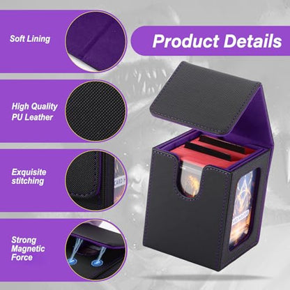 MTG Deck Box, Double Display Window MTG, Commander Deck Box Fits 120+ Single Sleeved Cards, PU Leather Magnetic Closure Card Box with 2 Dividers&2 Toploaders for TCG, CCG, Black/Violet - color: Black/Purple, size: 1 pack