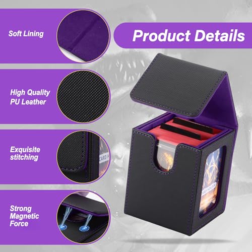 MTG Deck Box, Double Display Window MTG, Commander Deck Box Fits 120+ Single Sleeved Cards, PU Leather Magnetic Closure Card Box with 2 Dividers&2 Toploaders for TCG, CCG, Black/Violet - color: Black/Purple, size: 1 pack