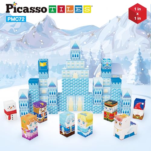 PicassoTiles Magnet Cube Winter Ice Themed Mix and Match Building Block Castle Construction Toy with 7 Magnetic Cubed Character Action Figures STEM Learning Education Sensory Pretend Play Age 3+ PMC72 - color: Winter Ice Themed