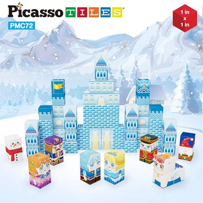 PicassoTiles Magnet Cube Winter Ice Themed Mix and Match Building Block Castle Construction Toy with 7 Magnetic Cubed Character Action Figures STEM Learning Education Sensory Pretend Play Age 3+ PMC72 - color: Winter Ice Themed