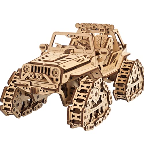 UGEARS Tracked Off-Road Vehicle - 4WD Model Vehicle Kits to Build - DIY 3D Car Model Puzzle with Spring Motor, 2 Driving Modes, Openable Hood with Engine - 3D Wooden Puzzles for Adults - style: Tracked Off-Road Vehicle
