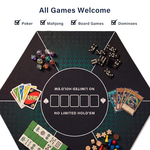Board Game Table, 59" Hexagon Gaming Table with Removable Table Top & Poker Mat for 6 Players, Includes Detachable Cup Holders and Trays for Dining, Card, DND, Poker in Walnut - size: Hex w/Two Mats