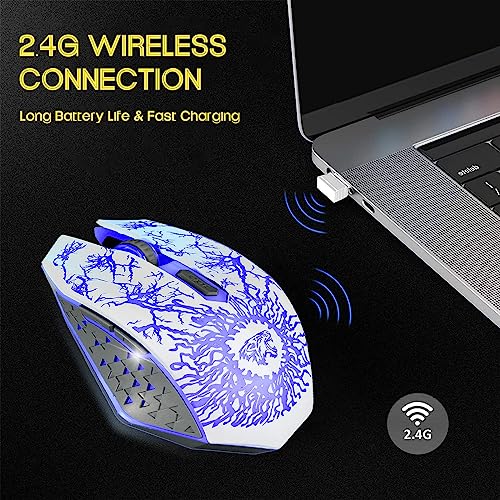 VEGCOO Wireless Gaming Mouse, Rechargeable Gaming Mouse, Silent Optical Mice with 2.4G USB Receiver, 3 Level DPI, 6 Buttons, 7 Colors LED Lights for PC/Mac Gamer, Laptop and Desktop - color: white