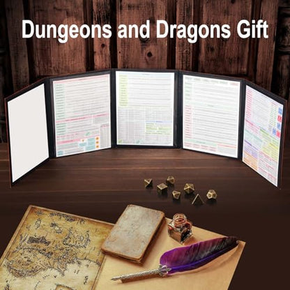 DND DM Screen 5e with 5 Panels, 3D Embossed Faux Leather Dungeon Master Screen with Clear GM Pockets, Dungeons and Dragons Accessories for DND Lovers