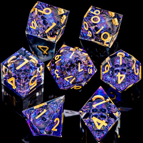 DND Skull Dice Set 7PCS Necromancer Polyhedral Dice for Dungeons Dragons RPG Role Playing Game, Resin Sharp Edged D and D Dice with Gift Box D6 D8 D10 D12 D20 (Blue-Violet) - color: Blue Purple&gold