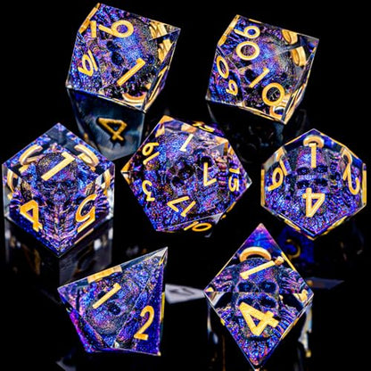 DND Skull Dice Set 7PCS Necromancer Polyhedral Dice for Dungeons Dragons RPG Role Playing Game, Resin Sharp Edged D and D Dice with Gift Box D6 D8 D10 D12 D20 (Blue-Violet) - color: Blue Purple&gold