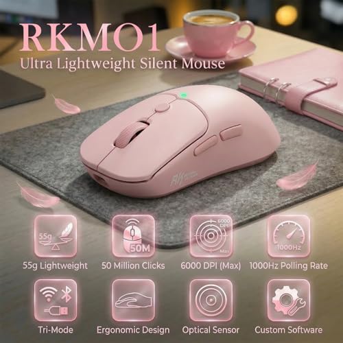 RK ROYAL KLUDGE MO1 Wireless Mouse, 55g Ultra-Lightweight Computer Mice, 6 Programmable Buttons, 2.4GHz/Bluetooth/Wired, 6000 DPI Optical Sensor, Pink - color: Pink