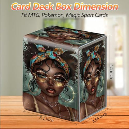 Card Deck Box, Card Storage Box Fits 100+ Single Sleeved Cards, Large Capacity PU Leather Card Storage Box with Strong Magnet for Magic Commander TCG CCG, American African Girl - color: American African Girl